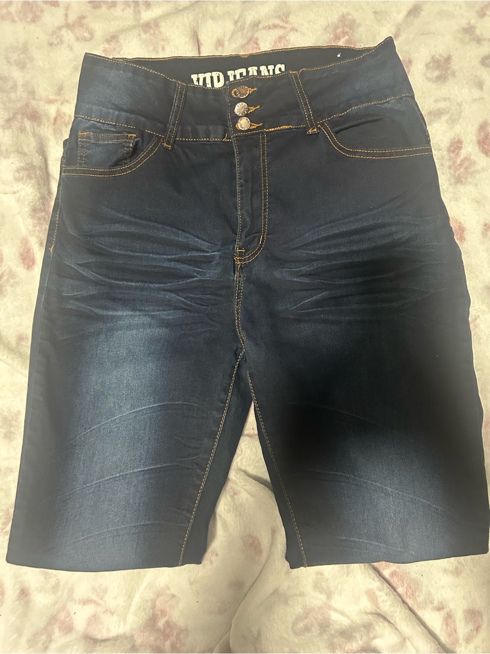 Women's Dark Blue Skinny Jeans Shorts with Triple-Button Waist
